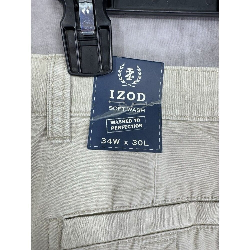 IZOD Pants Mens 34x30 Beige Khaki Soft Wash Perfection Cargo 100% Cotton NEW - Picture 3 of 9